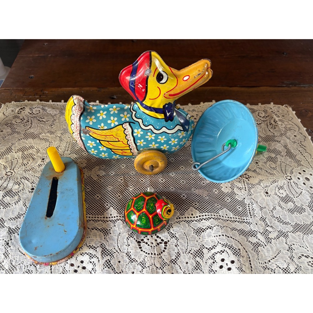 Tin Toys Wind Up Duck Turtle Party NO KEY Lot of 4 Parts or Decor READ Vintage - Picture 13 of 16